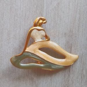 Vintage Gold-Toned Brooch Woman in Dress Ivory Aqua Peach